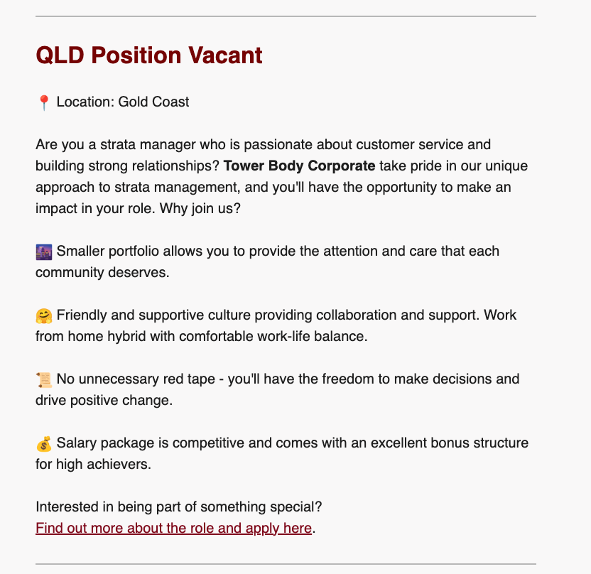 Tower Body Corporate position vacant